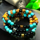 Turquoise - Black Obsidian, Rudraksha Seed, Palo Santo, Silver-Copper-Gold Hematite, Black Ebony Wood•Custom Size•Round Smooth Stretch (8mm) Natural Gemstone Crystal Energy Bead Bracelet