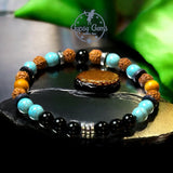 Turquoise - Black Obsidian, Rudraksha Seed, Palo Santo, Silver-Copper-Gold Hematite, Black Ebony Wood•Custom Size•Round Smooth Stretch (8mm) Natural Gemstone Crystal Energy Bead Bracelet