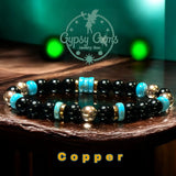 Turquoise Genuine Turquoise Heshi, Black Obsidian, Silver-Copper or Gold Hematite•Custom Size•Round Smooth Stretch (8mm) Natural Gemstone Crystal Energy Bead Bracelet