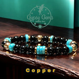 Turquoise Genuine Turquoise Heshi, Black Obsidian, Silver-Copper or Gold Hematite•Custom Size•Round Smooth Stretch (8mm) Natural Gemstone Crystal Energy Bead Bracelet