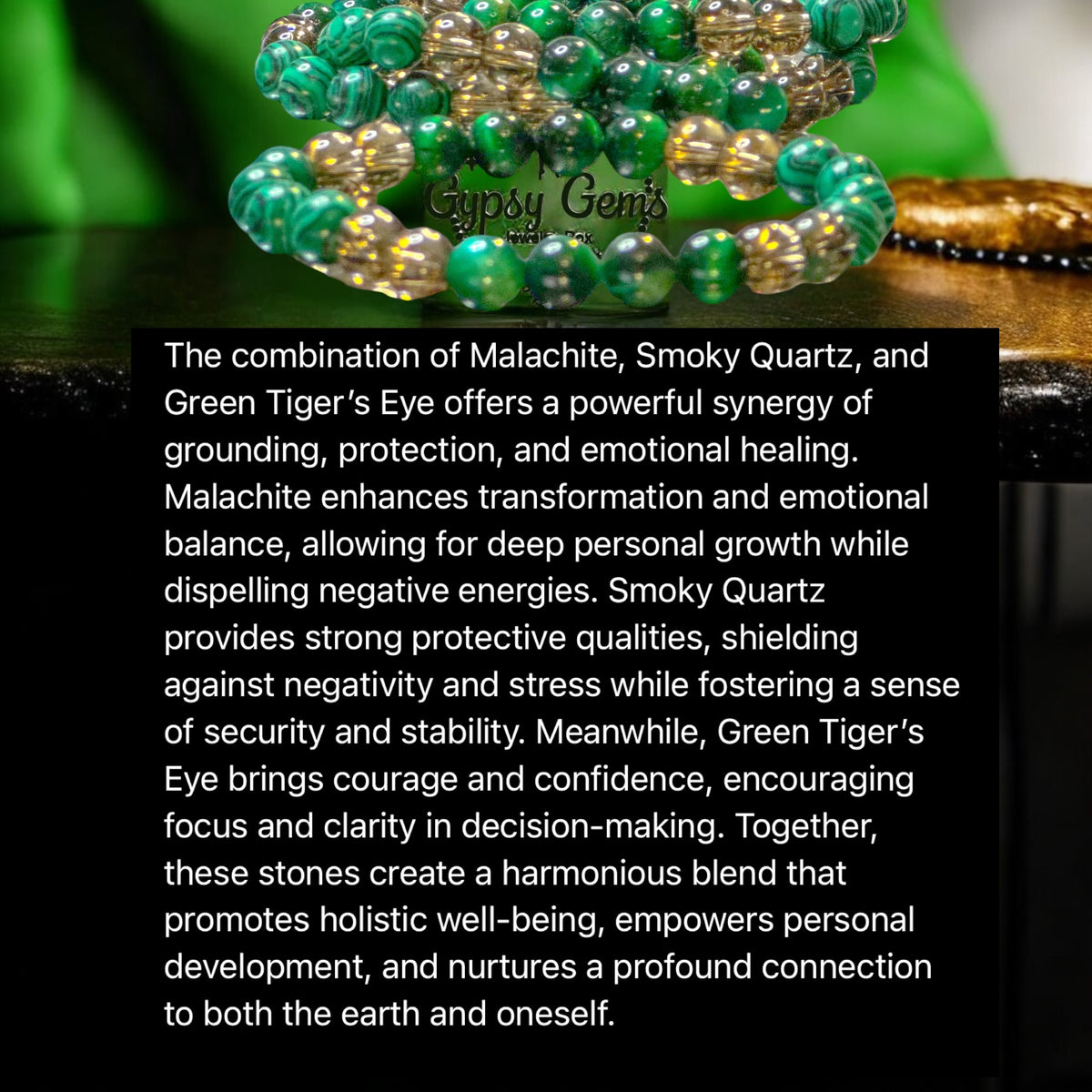 Malachite•Smokey Quartz•Green Tiger’s Eye•Custom Size Round Smooth Stretch (8mm) Natural Gemstone Crystal Energy Bead Bracelet