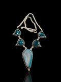 Apatite + Golden Blue Agate Slice Natural Gemstone Pear shape .925 Sterling Silver Stamped Necklace and Earring 3 piece Set