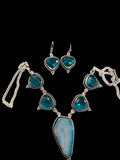 Apatite + Golden Blue Agate Slice Natural Gemstone Pear shape .925 Sterling Silver Stamped Necklace and Earring 3 piece Set