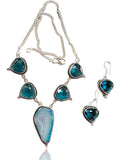 Apatite + Golden Blue Agate Slice Natural Gemstone Pear shape .925 Sterling Silver Stamped Necklace and Earring 3 piece Set