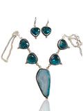 Apatite + Golden Blue Agate Slice Natural Gemstone Pear shape .925 Sterling Silver Stamped Necklace and Earring 3 piece Set
