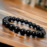 Jet - (Black Gem Lignite, Azabache) Custom Size Round Smooth Stretch (8mm) Natural Gemstone Crystal Energy Bead Bracelet