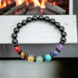 7 CHAKRA & Black Onyx + Black Hematite Disk Custom Size Round Smooth Stretch (8mm) Natural Gemstone Crystal Energy Bead Bracelet