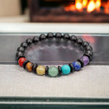 7 CHAKRA & Black Onyx + Black Hematite Disk Custom Size Round Smooth Stretch (8mm) Natural Gemstone Crystal Energy Bead Bracelet