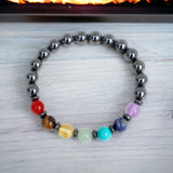 7 CHAKRA & Hematite + Hematite Saucer Spacers Custom Size Smooth Stretch (8mm) Natural Gemstone Crystal Energy Bead Bracelet