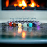 7 CHAKRA & Hematite + Hematite Saucer Spacers Custom Size Smooth Stretch (8mm) Natural Gemstone Crystal Energy Bead Bracelet