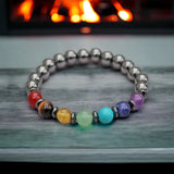 7 CHAKRA & Hematite + Hematite Saucer Spacers Custom Size Smooth Stretch (8mm) Natural Gemstone Crystal Energy Bead Bracelet