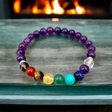 9 CHAKRA & Amethyst Custom Size Silver Spacers Smooth Stretch (8mm) Natural Gemstone Crystal Energy Bead Bracelet