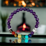9 CHAKRA & Amethyst Custom Size Silver Spacers Smooth Stretch (8mm) Natural Gemstone Crystal Energy Bead Bracelet