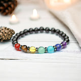 7 CHAKRA & Black Onyx + Hematite Disk Custom Size Round Smooth Stretch (6mm Minimalist) Natural Gemstone Crystal Energy Bead Bracelet