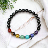7 CHAKRA & Black Onyx + Hematite Disk Custom Size Round Smooth Stretch (6mm Minimalist) Natural Gemstone Crystal Energy Bead Bracelet