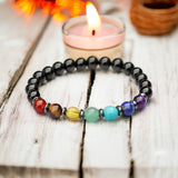 7 CHAKRA & Black Onyx + Hematite Disk Custom Size Round Smooth Stretch (6mm Minimalist) Natural Gemstone Crystal Energy Bead Bracelet