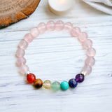 7 CHAKRA & Rose Quartz + Silver Spacers Custom Size Round Smooth Stretch (8mm) Natural Gemstone Crystal Energy Bead Bracelet