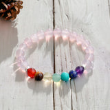 7 CHAKRA & Rose Quartz + Silver Spacers Custom Size Round Smooth Stretch (8mm) Natural Gemstone Crystal Energy Bead Bracelet