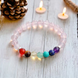 7 CHAKRA & Rose Quartz + Silver Spacers Custom Size Round Smooth Stretch (8mm) Natural Gemstone Crystal Energy Bead Bracelet