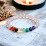 7 CHAKRA & Rose Quartz + Silver Spacers Custom Size Round Smooth Stretch (8mm) Natural Gemstone Crystal Energy Bead Bracelet