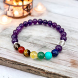 9 CHAKRA & Amethyst Custom Size Silver Spacers Smooth Stretch (8mm) Natural Gemstone Crystal Energy Bead Bracelet