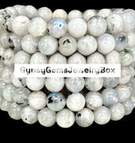 Moonstone - Rainbow Moonstone•Black Tourmaline Rutile inclusions•Custom Size•Round Stretch (8mm) Natural Gemstone Crystal Energy Bead Bracelet