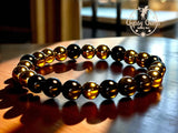 Pyrite (Gold) + Gold Sheen Black Obsidian Round Smooth Stretch (8mm) Natural Gemstone Crystal Energy Bead Bracelet
