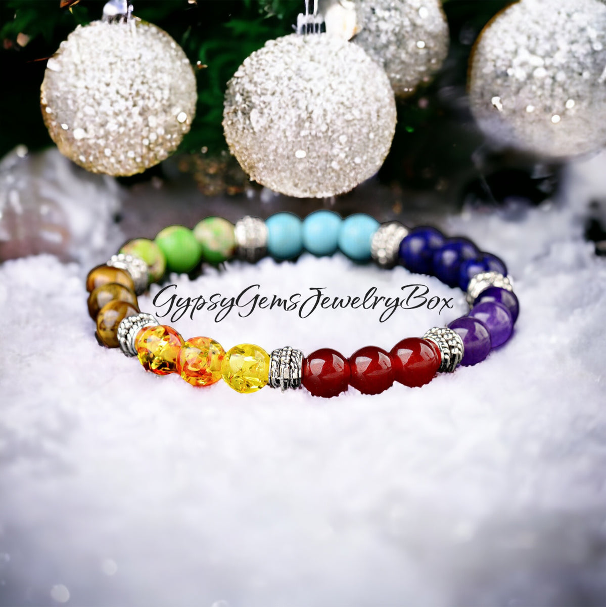 7 Chakra Multicolor Rainbow Custom Size Round Smooth Stretch Silver (8mm) Natural Gemstone Crystal Energy Bead Bracelet x Large 9”