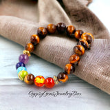 7 CHAKRA & Tiger Eye Yellow Golden Brown Custom Size Gold Spacers Round Smooth Stretch Natural Gemstone Crystal Energy Bead Bracelet