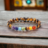 7 CHAKRA & Tiger Eye Yellow Golden Brown Custom Size Gold Spacers Round Smooth Stretch Natural Gemstone Crystal Energy Bead Bracelet