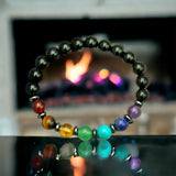 7 CHAKRA & Black Onyx + Hematite Disk Custom Size Round Smooth Stretch (8mm) Natural Gemstone Crystal Energy Bead Bracelet