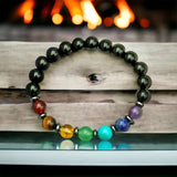 7 CHAKRA & Black Onyx + Hematite Disk Custom Size Round Smooth Stretch (8mm) Natural Gemstone Crystal Energy Bead Bracelet