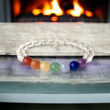 7 CHAKRA & Clear Quartz Custom Size Silver Spacers Round Smooth Stretch Natural Gemstone Crystal Energy Bead Bracelet
