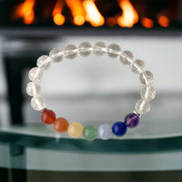 7 CHAKRA & Clear Quartz Custom Size Silver Spacers Round Smooth Stretch Natural Gemstone Crystal Energy Bead Bracelet