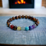 7 CHAKRA & Tiger’s Eye Yellow Golden Brown Custom Size Silver Spacers Round Smooth Stretch Natural Gemstone Crystal Energy Bead Bracelet