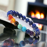7 Chakra & Lapis Lazuli Silver Custom Size Round Smooth Stretch Natural Gemstone Crystal Energy Bead Bracelet