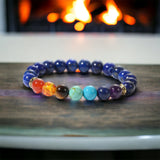 7 Chakra & Lapis Lazuli Silver Custom Size Round Smooth Stretch Natural Gemstone Crystal Energy Bead Bracelet