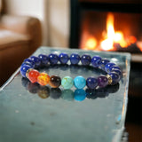 7 Chakra & Lapis Lazuli Silver Custom Size Round Smooth Stretch Natural Gemstone Crystal Energy Bead Bracelet