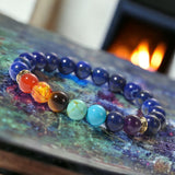 7 Chakra & Lapis Lazuli Silver Custom Size Round Smooth Stretch Natural Gemstone Crystal Energy Bead Bracelet