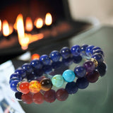 7 Chakra & Lapis Lazuli Silver Custom Size Round Smooth Stretch Natural Gemstone Crystal Energy Bead Bracelet