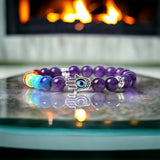 7 Chakra & Amethyst + Silver Hamsa Hand Evil Eye Custom Size Round Smooth Stretch Natural Gemstone Crystal Energy Bead Bracelet