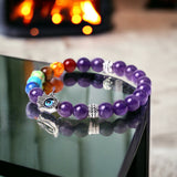 7 Chakra & Amethyst + Silver Hamsa Hand Evil Eye Custom Size Round Smooth Stretch Natural Gemstone Crystal Energy Bead Bracelet