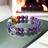 7 Chakra & Amethyst + Silver Hamsa Hand Evil Eye Custom Size Round Smooth Stretch Natural Gemstone Crystal Energy Bead Bracelet