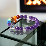 7 Chakra & Amethyst + Silver Hamsa Hand Evil Eye Custom Size Round Smooth Stretch Natural Gemstone Crystal Energy Bead Bracelet
