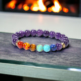 7 Chakra & Amethyst + Silver Disk Custom Size Round Smooth Stretch Natural Gemstone Crystal Energy Bead Bracelet