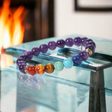 7 Chakra & Amethyst + Silver Disk Custom Size Round Smooth Stretch Natural Gemstone Crystal Energy Bead Bracelet