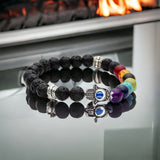 7 Chakra & Lava Stone Rock + Silver Hamsa Hand Evil Eye Custom Size Round Smooth Stretch Natural Gemstone Crystal Energy Bead Bracelet
