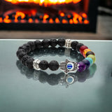 7 Chakra & Lava Stone Rock + Silver Hamsa Hand Evil Eye Custom Size Round Smooth Stretch Natural Gemstone Crystal Energy Bead Bracelet