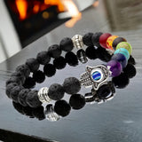 7 Chakra & Lava Stone Rock + Silver Hamsa Hand Evil Eye Custom Size Round Smooth Stretch Natural Gemstone Crystal Energy Bead Bracelet