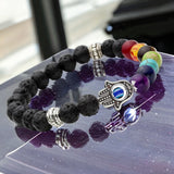 7 Chakra & Lava Stone Rock + Silver Hamsa Hand Evil Eye Custom Size Round Smooth Stretch Natural Gemstone Crystal Energy Bead Bracelet